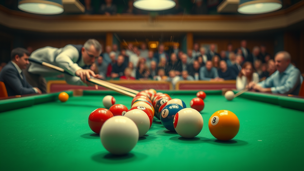 artistic rendering of advanced snooker cannon shot, balls colliding strategically for advanced snooker play
