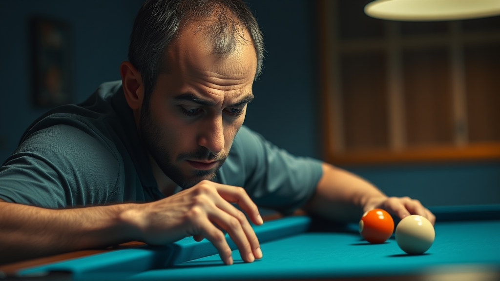 pool player analyzing a missed shot, cue ball slightly off mark on table