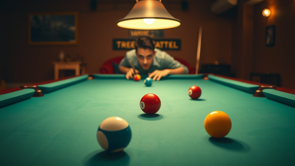 billiard positioning for beginners featuring a pool table overhead with cue and object balls demonstrating a basic shot pattern
