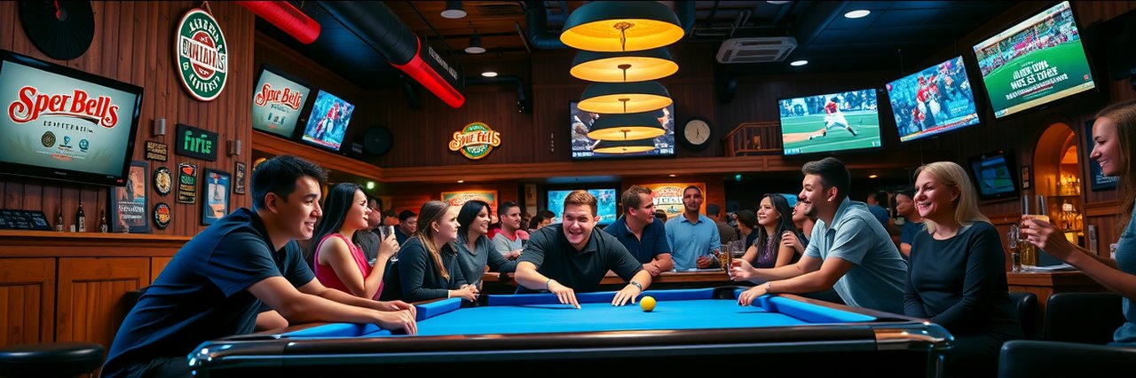 Billiards & sports pub with friends playing pool and vibrant sports atmosphere.