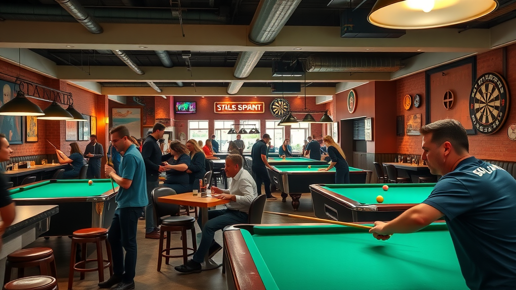 Modern sports pub scene with people enjoying billiards, darts, and craft beers.