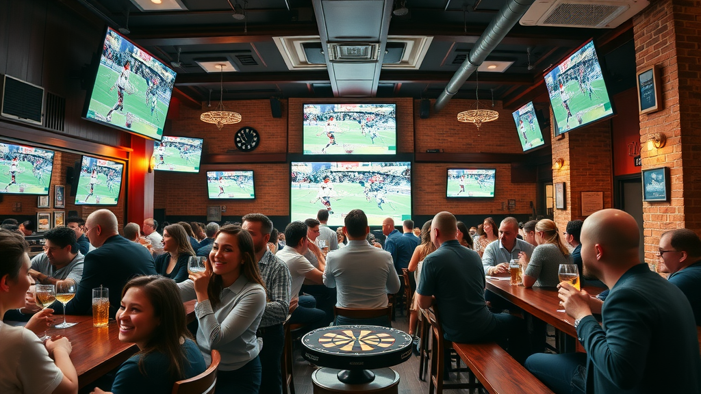 Billiards & sports pub crowd cheers for a televised game, enjoying food and drinks.