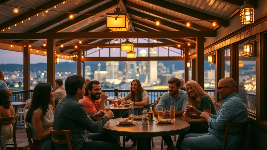 Outdoor deck at billiards & sports pub with friends sharing appetizers at sunset.